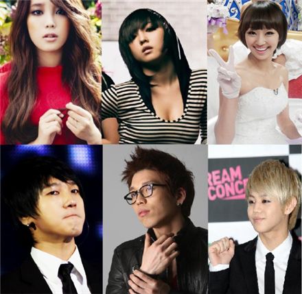 Clockwise from top left, IU, Min, Hyo-rin, Yoseop, Changmin, Yesung
