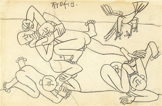 이중섭, '네어린이와 비둘기', 1950년대, 종이에연필, 31.5x48.5cm