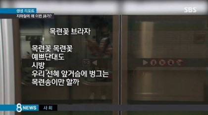 지하철 스크린도어에 있는 시, 복효근의 '목련꽃 브라자'. 남녀노소 대중들이 많이 이용하는 공공장소에 걸린 시로 적합하냐는 논란이 일었다. 성희롱이 아니냐는 주장까지도.(방송캡처)