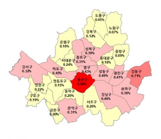 ▲2월12일 기준 서울 아파트 매매가격 주간 변동률(자료: 한국감정원)