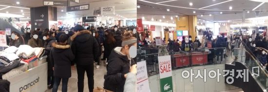 주말을 맞아 손님들로 가득 찬 마리오아울렛 매장. 빽빽한 점포와 특설 매대, 인파 등으로 혼잡하다.(사진=오종탁 기자)