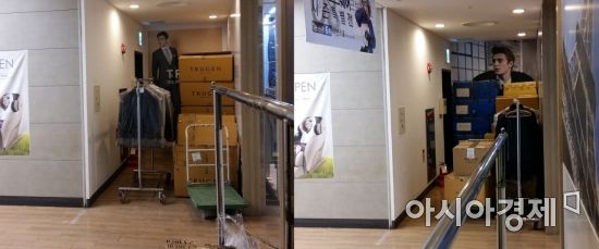 13일(왼쪽)과 지난달 3일(오른쪽) 마리오아울렛 매장 비상구 바로 앞 공간에 놓인 의류 걸이와 상자. 비상구까지 가기조차 어렵다.(사진=오종탁 기자)