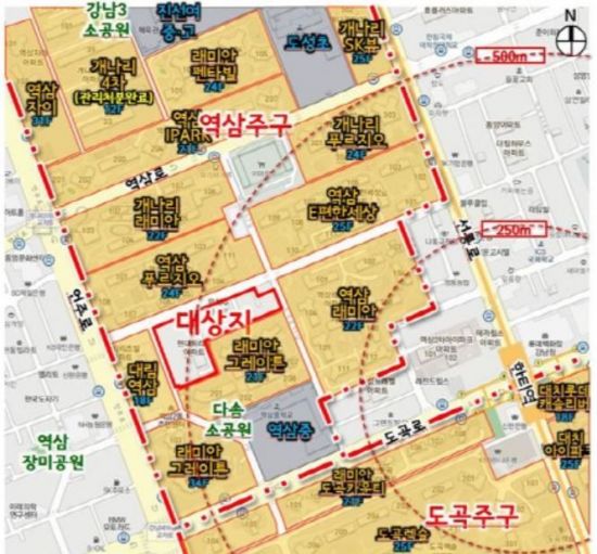 청담·도곡 아파트지구 내 역삼주구 위치도