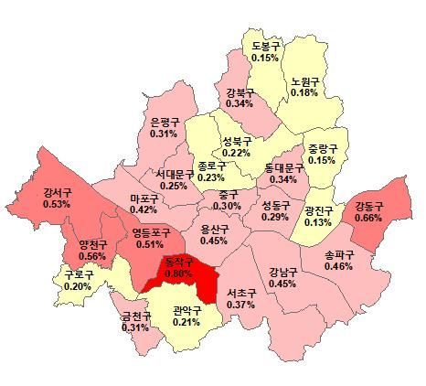 지난 20일 기준 서울 매매가격지수 주간 변동률.