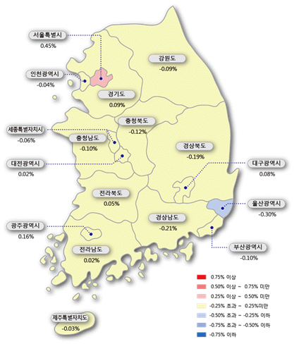 8월27일 기준 시도별 아파트 주간 매매가격지수 변동률.