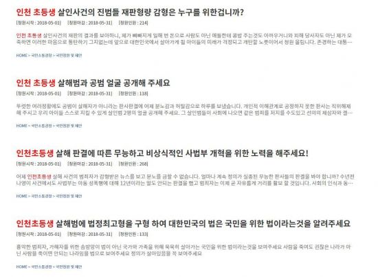 인천 초등생 살인사건 항소심에 불복한 사람들이 청와대 국민청원 게시판에 글을 올렸다. 사진=청와대 국민청원 게시판