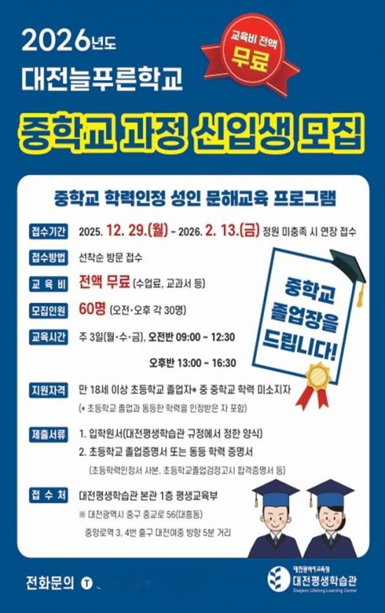 대전평생학습관, 대전늘푸른학교 '중학과정' 신입생 모집