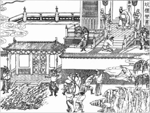 ◇진시황의 분서갱유를 그린 그림. 법가 이외의 사상을 없애기 위해 사상서를 태우고 수백명의 유생을 생매장했다.
