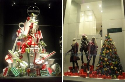 밀라노 두오모 거리는 벌써 크리스마스다. 사진은 라바자가 캡슐형 에스프레소 머신으로 만든 크리스마스 트리(좌)와 베네통이 크리스마스 트리에 앙증맞은 여러 색깔의 뜨게 장갑으로 아기자기한 분위기를 연출한 모습(우). 