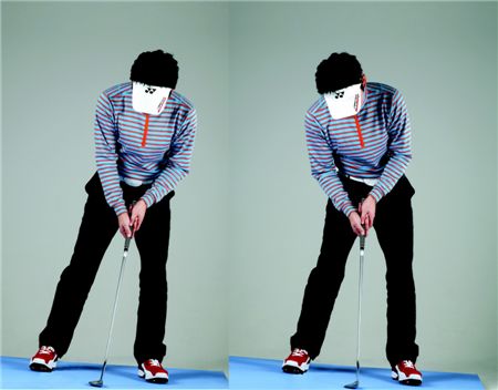  <사진2-1>(왼쪽) 다른 스윙과 마찬가지로 경사에서는 몸과 지면을 올바로 정렬해야 한다.  <사진2-2> 상체가 한쪽으로 기울어지면 올바르게 스트로크할 수 없다. 