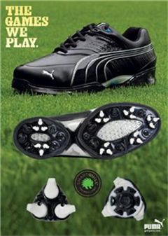  푸마골프의 '하피아'골프화는 양쪽발의 기능에 따라 스파이크를 다르게 설계했다.