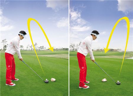  <사진3> 왼쪽은 슬라이스가 자주 나는 골퍼, 티잉그라운드 오른쪽에 티를 꽂고 왼쪽을 겨냥한다. 오른쪽은 훅이 나는 골퍼다. 반대로 공략한다.
