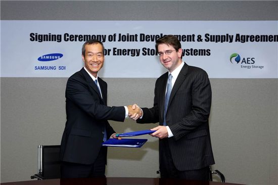 삼성SDI 최치훈 사장(왼쪽)과 AES 에너지 스토리지社의 Chris Shelton사장이 계약체결 후 악수를 나누고 있다.

