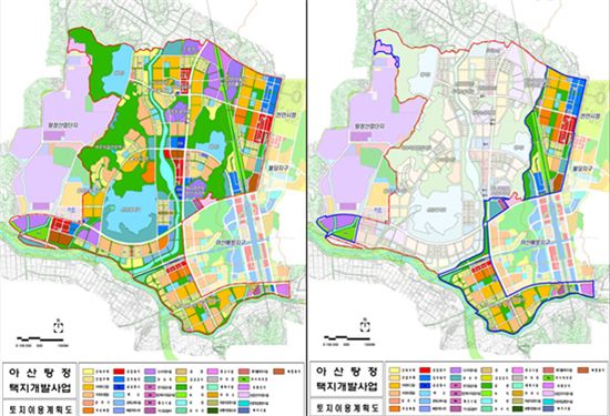 아산신도시 2단계 2차지구 사업 당초 토지이용계획도(왼쪽)와 변경 계획도 모습