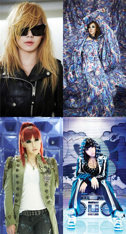Korean girl group 2NE1 (from top left to right): CL, Sandara, Bom and Minzy [YG Entertainment]
