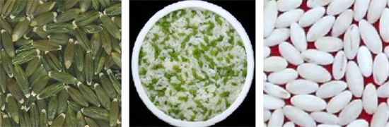 ▲풋보리(녹색보리), 쌀혼식, 할맥(사진 왼쪽부터)
