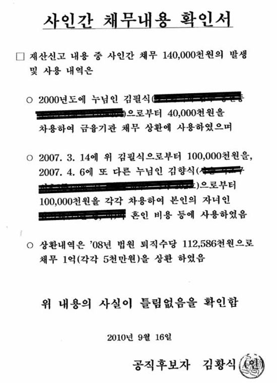 이용경 "김황식, 공직자재산등록 과정서 4000만원 누락"