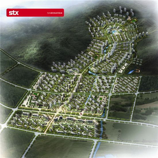 STX가 조성하는 중국 다롄시에 창싱다오에 조성중인 2만3000세대 규모의 대단위 주택 단지 ‘하이징화위앤(海景花園)’ 주택단지의 완공 후 조감도