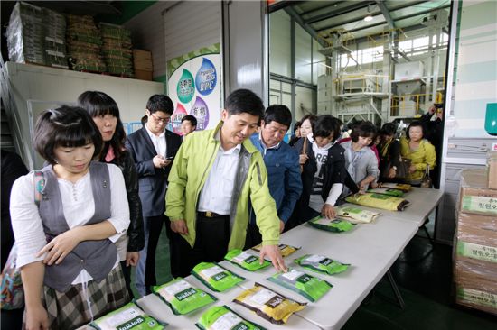 김영배 성북구청장이 친환경 쌀 생산지를 방문해 살펴보고 있다.