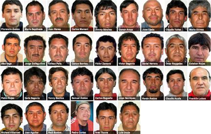 뉴욕 타임스에 실린 매몰 광부 33인의 사진.