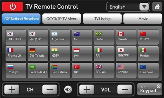 G20 정상호텔방에 비치될 스타일폰의 리모콘 UI. 각국언어로 안내하며 자국방송을 시청할 수 있도록 했다.
