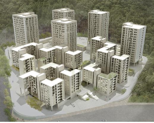 서울강남 디자인 시범지구 A-4 블록. ㄱ,ㄴ 형태의 단위평면 조합을 반복하는 형태로 주동을 구성하고, 그 주동의 연결을 통해 외부공간과 단지를 형성했다.

