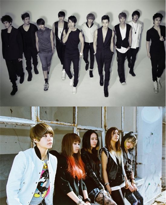 SM artists Super Junior (top) and f(x) (bottom) [SM Entertainment]