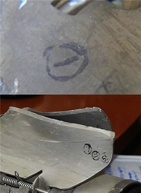 북한이 지난 23일 연평도에 쏜 122㎜ 방사포 로켓 포탄잔해에서 북한군이 손으로 쓴것으로 보이는 '①'숫자가 발견됐다.