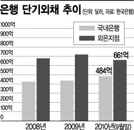 단기외채, 국내은행 늘고 외은지점 줄고