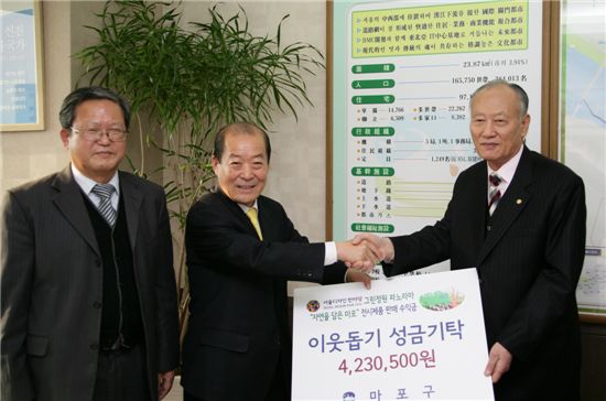 박홍섭 마포구청장이 조철옥 마포구사회복지협의회장(오른쪽)에게 서울디자인한마당 2010에서 전시했던 작품들의 판매수익금 전액을 전달했다.  
 

