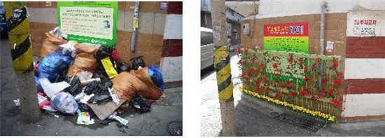 쓰레기 무단투기 지역에 꽃 담장을 설치기 전,후 모습