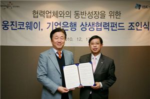 ▲협력업체 지원을 위한 상생펀드 조성 조인식에 참석한 홍준기 웅진코웨이 대표(왼쪽)와 유상정 기업은행 부행장