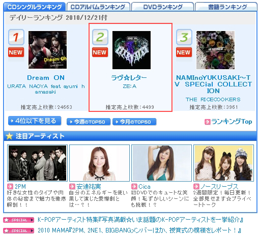 ZE:A (Children of Empire)'s song at daily Oricon chart on December 21, 2010 [Star Empire Entertainment] 