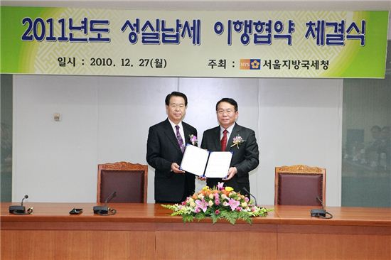 왼쪽부터 정환만 서울지방국세청 세원분석국장, 조성래 컬럼비아스포츠웨어코리아 대표

  
