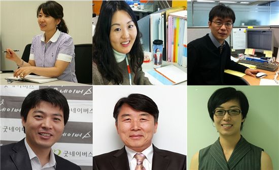 (왼쪽상단부터 시계방향)박윤희 신한카드 브랜드전략팀 사회공헌 담당자, 김연지 ING생명 사회공헌활동 담당자, 조진구 금융투자협회 집합투자시장팀 과장, 송선민 한국여성재단 기획팀장, 박영진 유니세프 한국위원회 본부장, 문상록 굿네이버스 미디어 홍보부장.