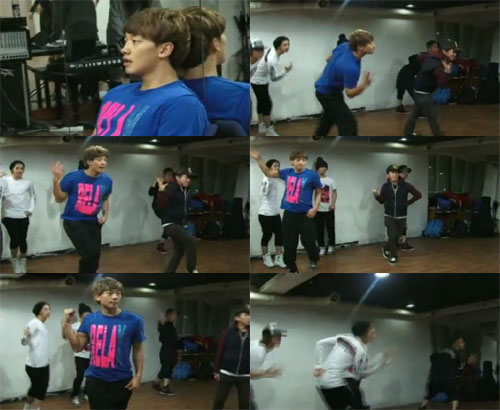 Screenshots of Rain instructing boy band MBLAQ with their dance moves. [J.Tune's official YouTube channel]