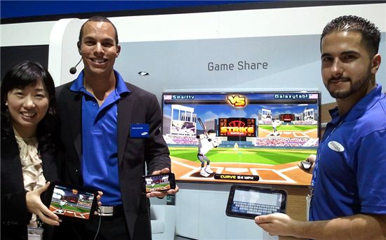 박지영 컴투스 대표(왼쪽)가 최근 미국 라스베이거스에서 열린 'CES'에서 스마트폰, 태블릿PC, 스마트TV에서 구동되는 게임을 소개하고 있다.