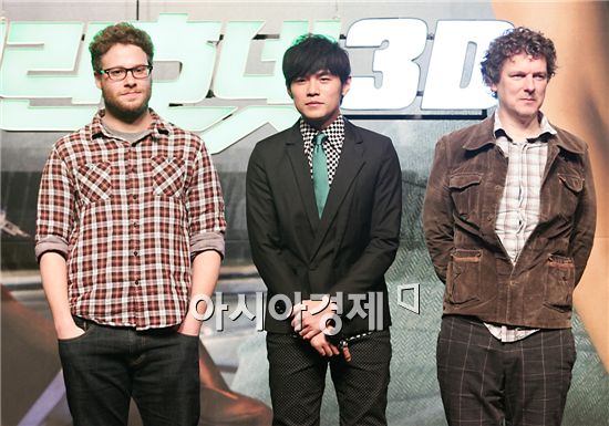 Seth Rogen, Jay Chou and Michel Gondry [Park Sung-ki/Asia Economic Daily]