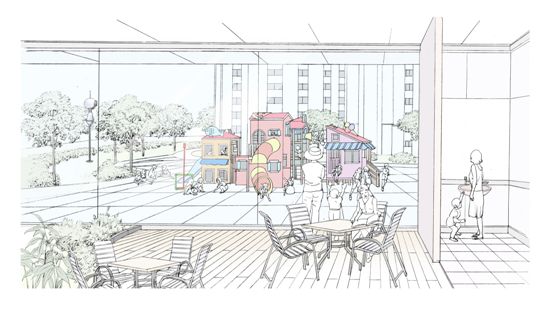 놀이터에서 노는 자녀들을 안심하고 지켜볼 수 있는 주부 전용 옥외 커뮤니티 공간인 '맘스존'