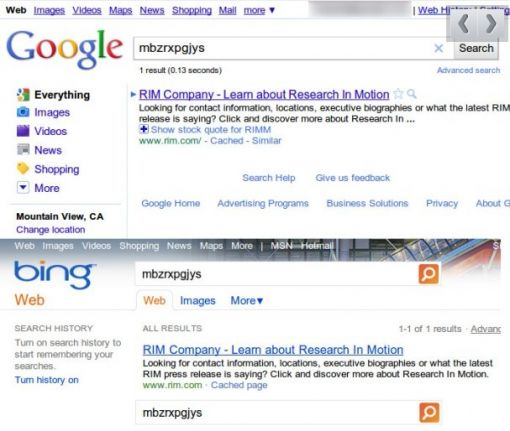 '구글'과 '빙' 검색창에 'mbzrxpgjys'라는 의미없는 문구를 각각 입력하자 같은 검색 결과가 나왔다.