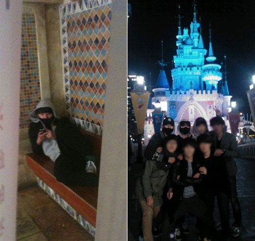 Kim Junsu (left) Junsu and Zuno with friends (right) at Lotte World. [Juno's official Twitter website]