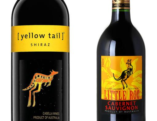 '옐로우테일'(왼쪽)와인에는 왈라비, '리틀루'(오른쪽)와인에는 캥거루가 그려져 있다. 왈라비와 캥거루는 둘다 유대목 동물과에 속하며 크기를 제외하곤 거의 똑같아 구분이 어렵다.