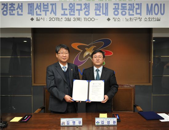 노원구(구청장 김성환.오른쪽)과 한국철도시설공단이 경춘선 폐선 부지 관리 협약을 맺었다.
