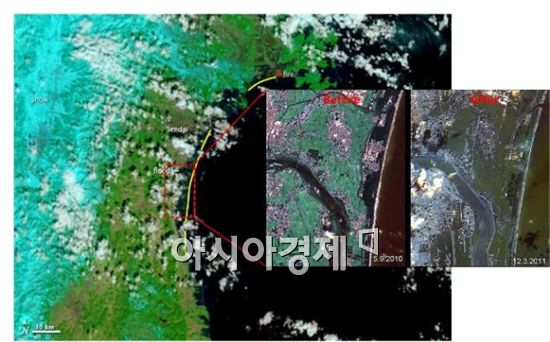그림 4. 일본 지진해일 전후 피해지역 영상 (자료제공=독일항공우주센터)
※ 오른쪽 확대영상은 TerraSAR-X 레이더 위성과 미국 WorldView-2 위성의 합성영상 
