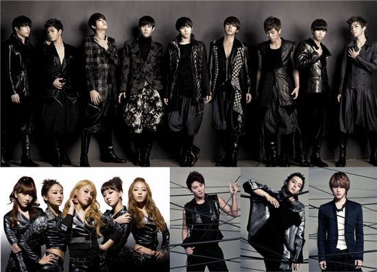 Clockwise from top, ZE:A, JYJ and KARA [Star Empire/C-Jes/DSP Media]