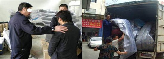 중국 정부 직원이 짝퉁 부품을 판매하는 직원을 단속(왼쪽)한 뒤 압수한 물건들을 수거해가고 있다(오른쪽).