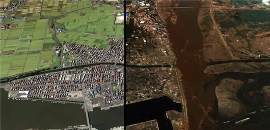 3월11일 강진에 이어 쓰나미가 덮치기 직전 나토리 지역의 위성 사진(왼쪽)과 직후 사진(오른쪽).