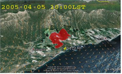 2005년도 강원도 양양산불에 대한 예측결과(산불예측지역 : 붉은색).