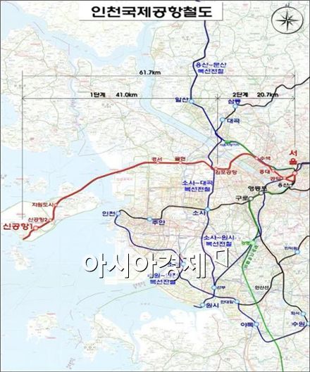 인천공항철도 노선도(빨간색 선). 