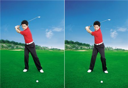  <사진1> 상체의 과도한 좌우 이동은 정확성을 떨어뜨린다(왼쪽). 하체를 단단하게 고정하고 허리와 엉덩이만 돌려야 파워와 정확성이 향상된다(오른쪽).
